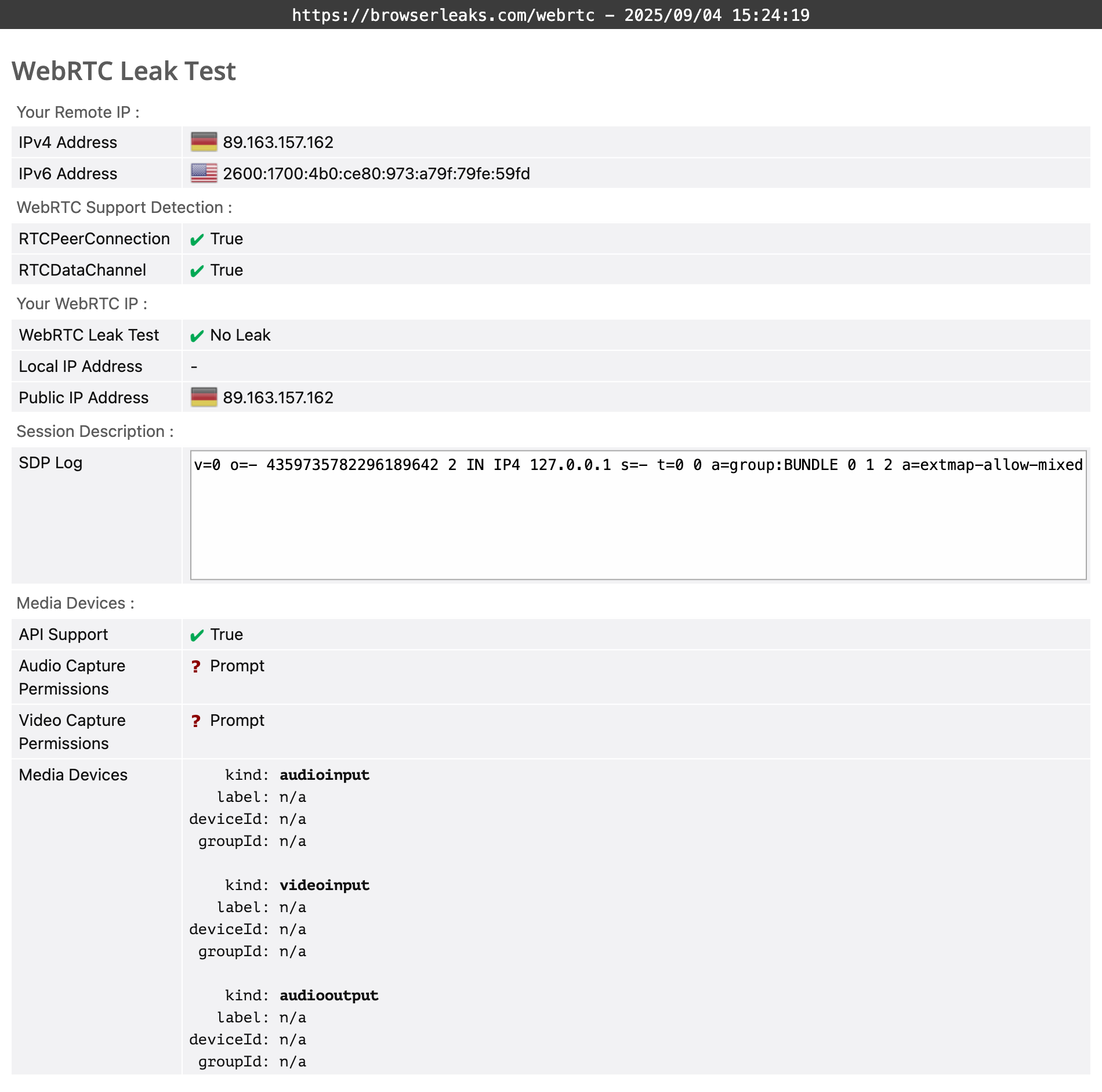 ZenVPN's WebRTC leak test results (passed).