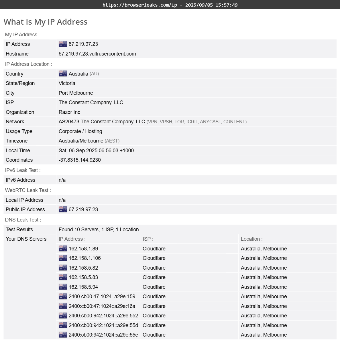 Hide My IP's DNS leak test results (passed). 
