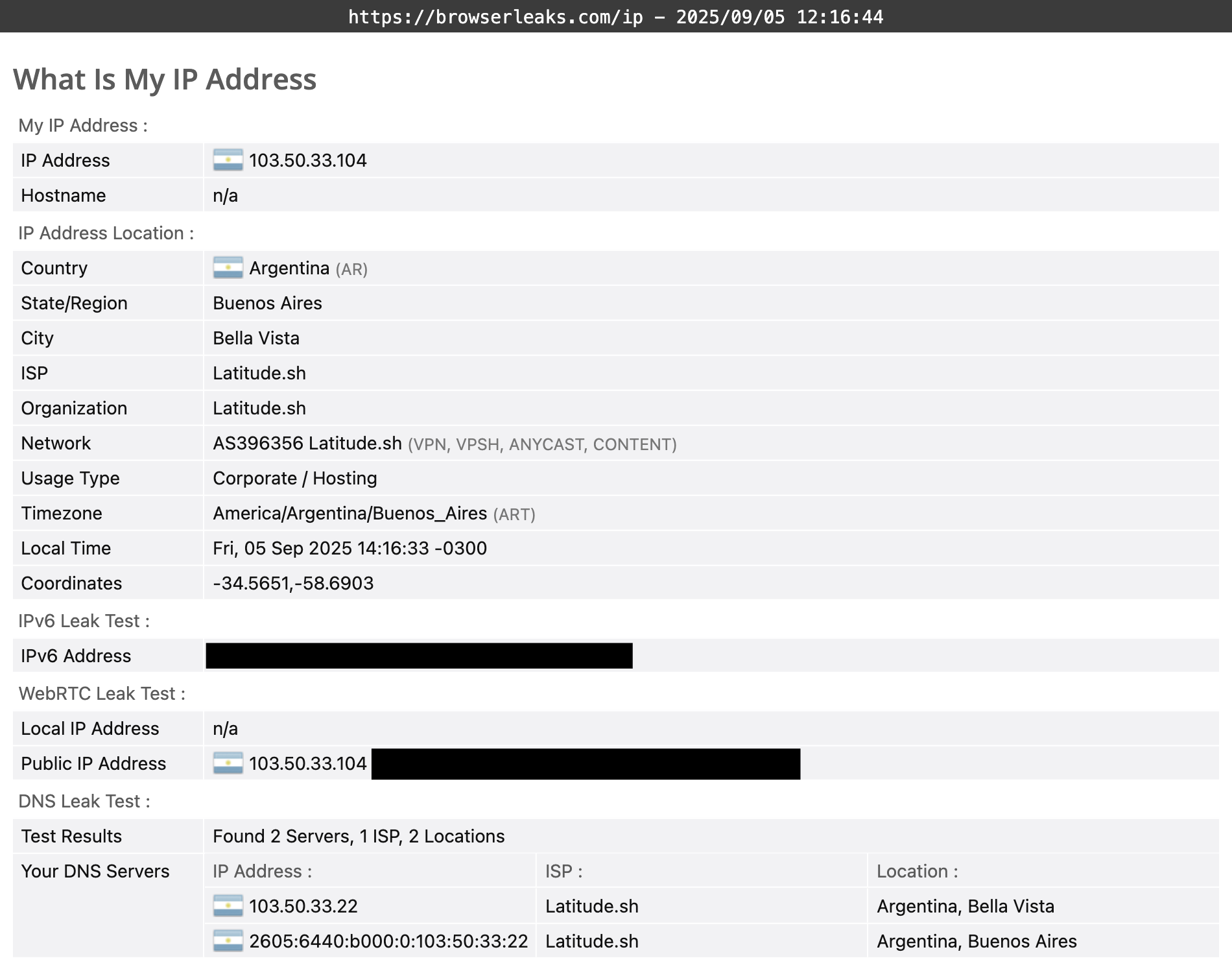 VeePN's DNS leak test results (passed)
