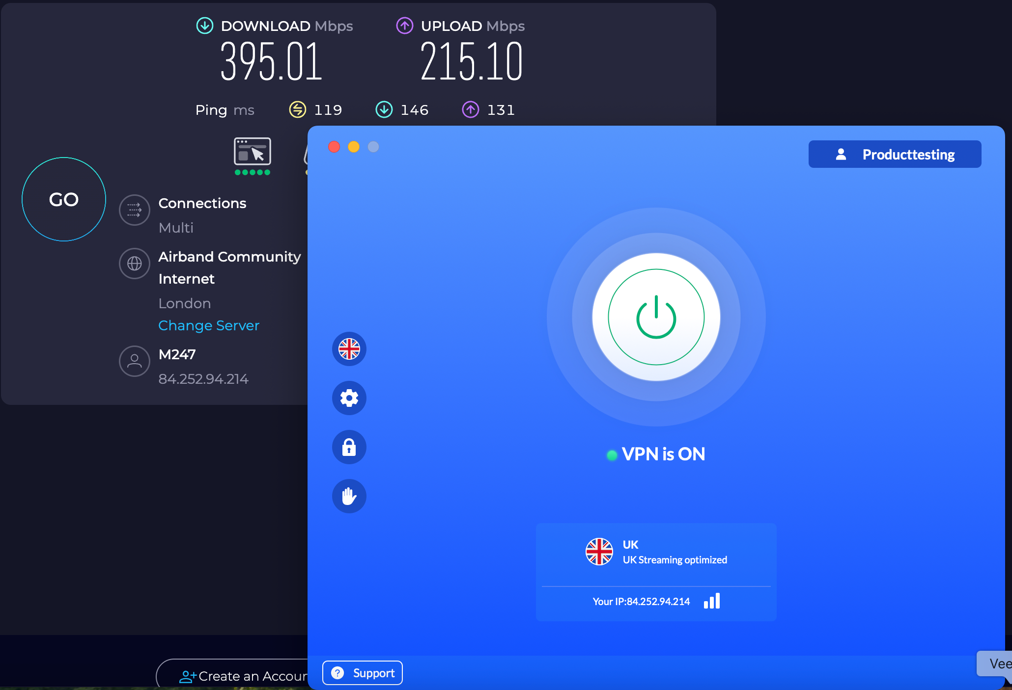 Speed test results for VeePN while connected to a London server (395.01 download, 215.10 upload, 119 latency)