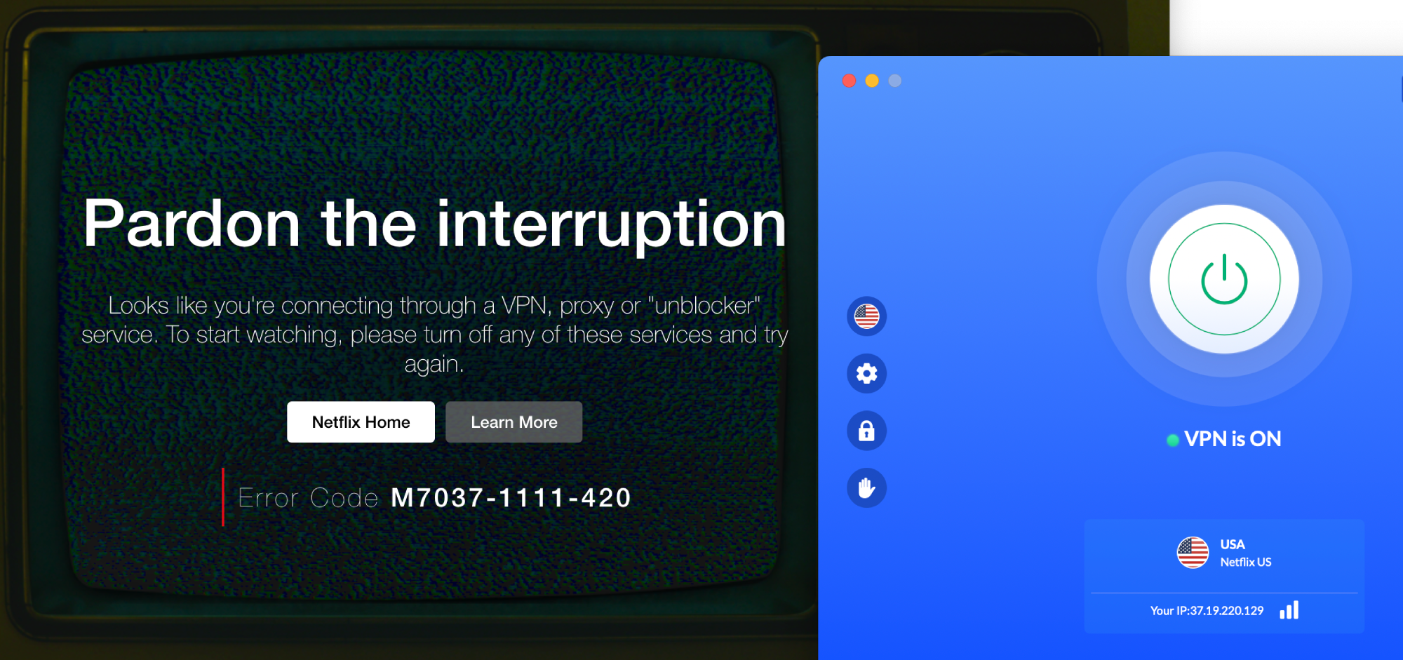A Netflix error page flagging a VPN with VeePN in the foreground
