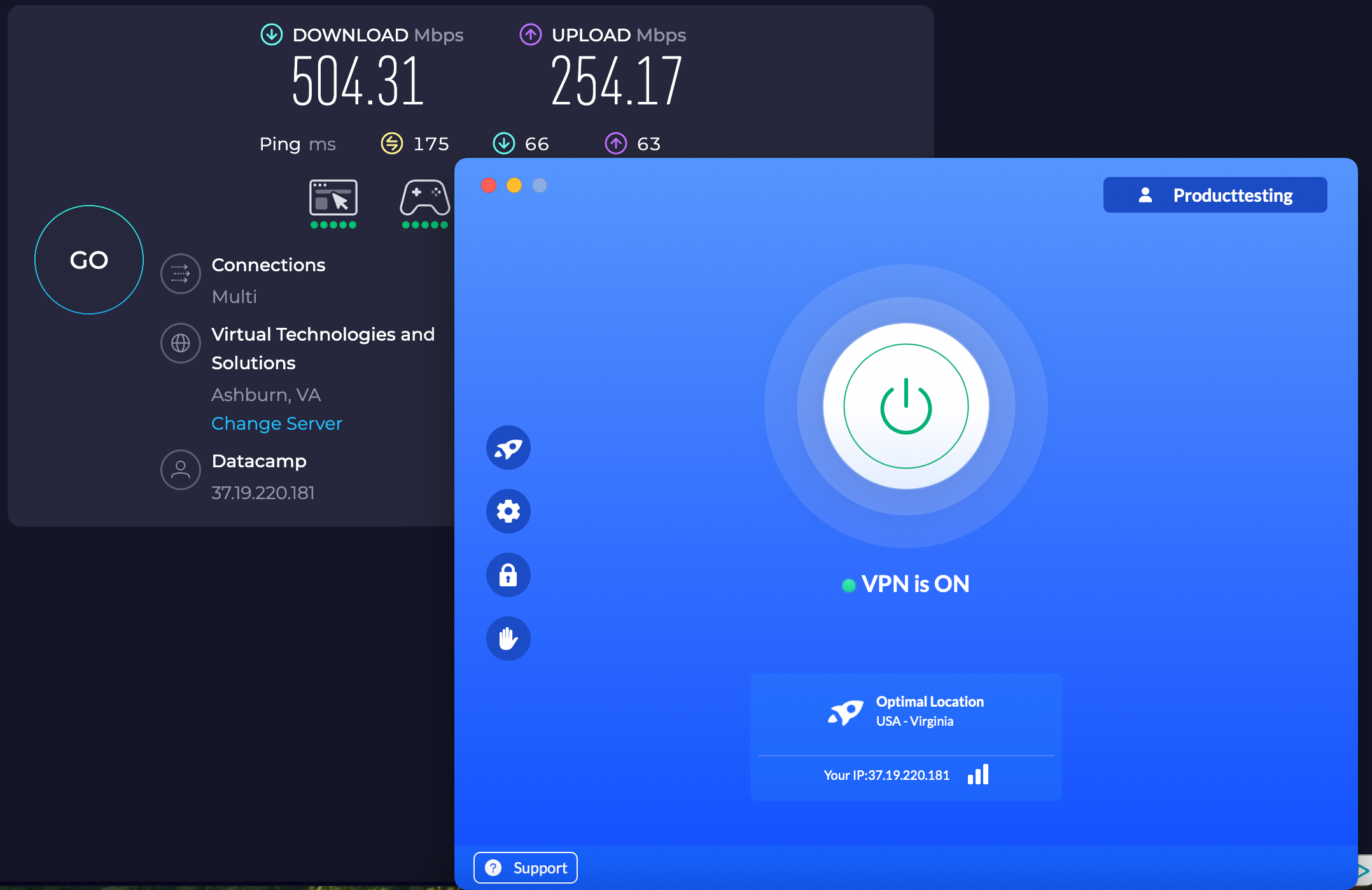 Speed test results for VeePN while connected to a New York server (504.31 download, 254.17 upload, 175 latency)