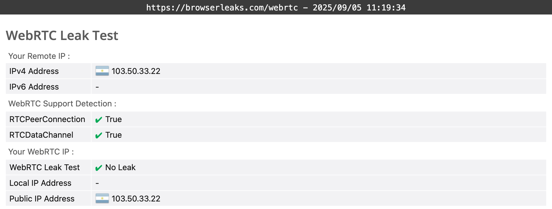 VeePN's WebRTC leak test results (passed).