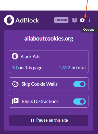 AdBlock options to access dashboard