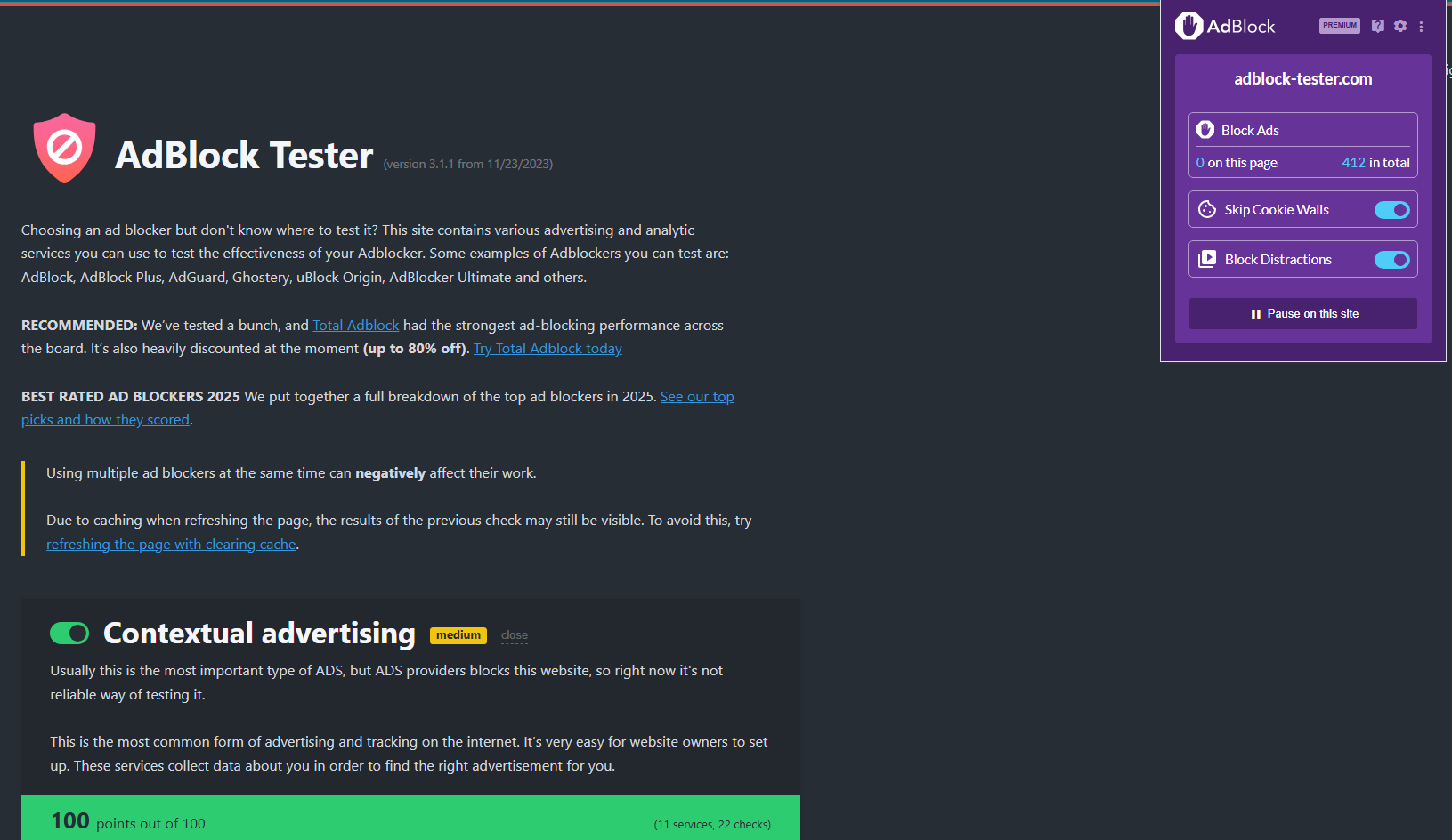 AdBlock Premium test results for AdBlock Tester
