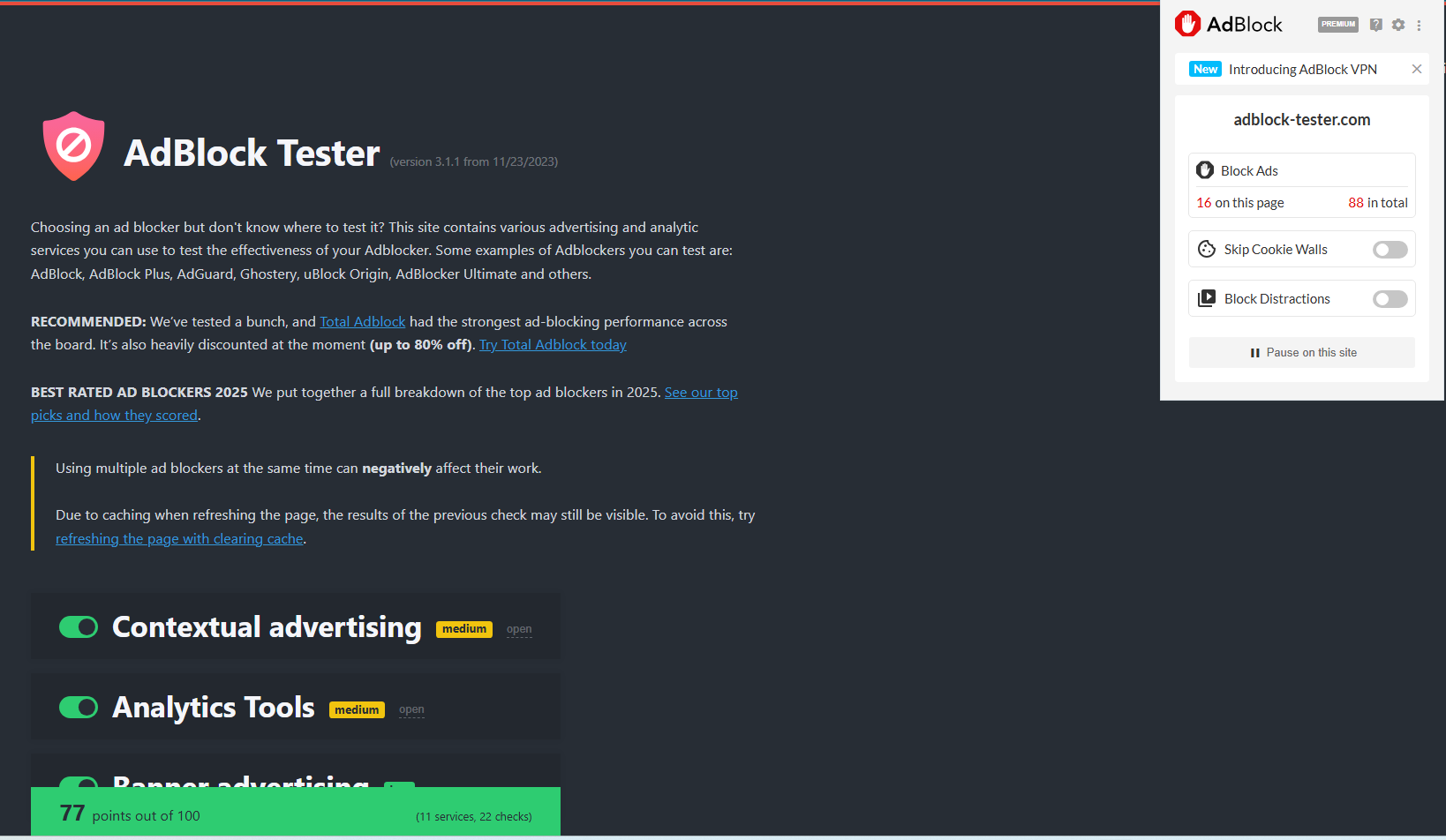 AdBlock Premium original AdBlock Tester results