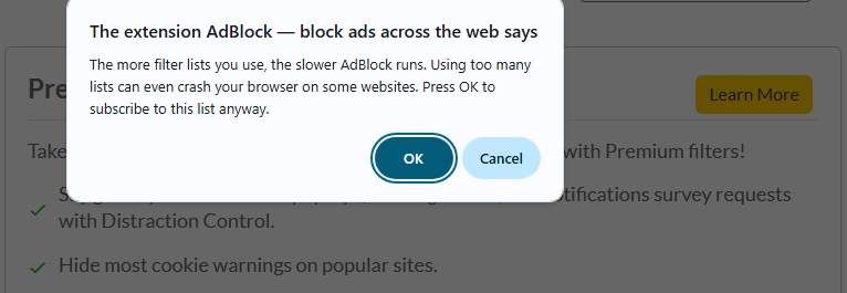 AdBlock warning about using too many filters