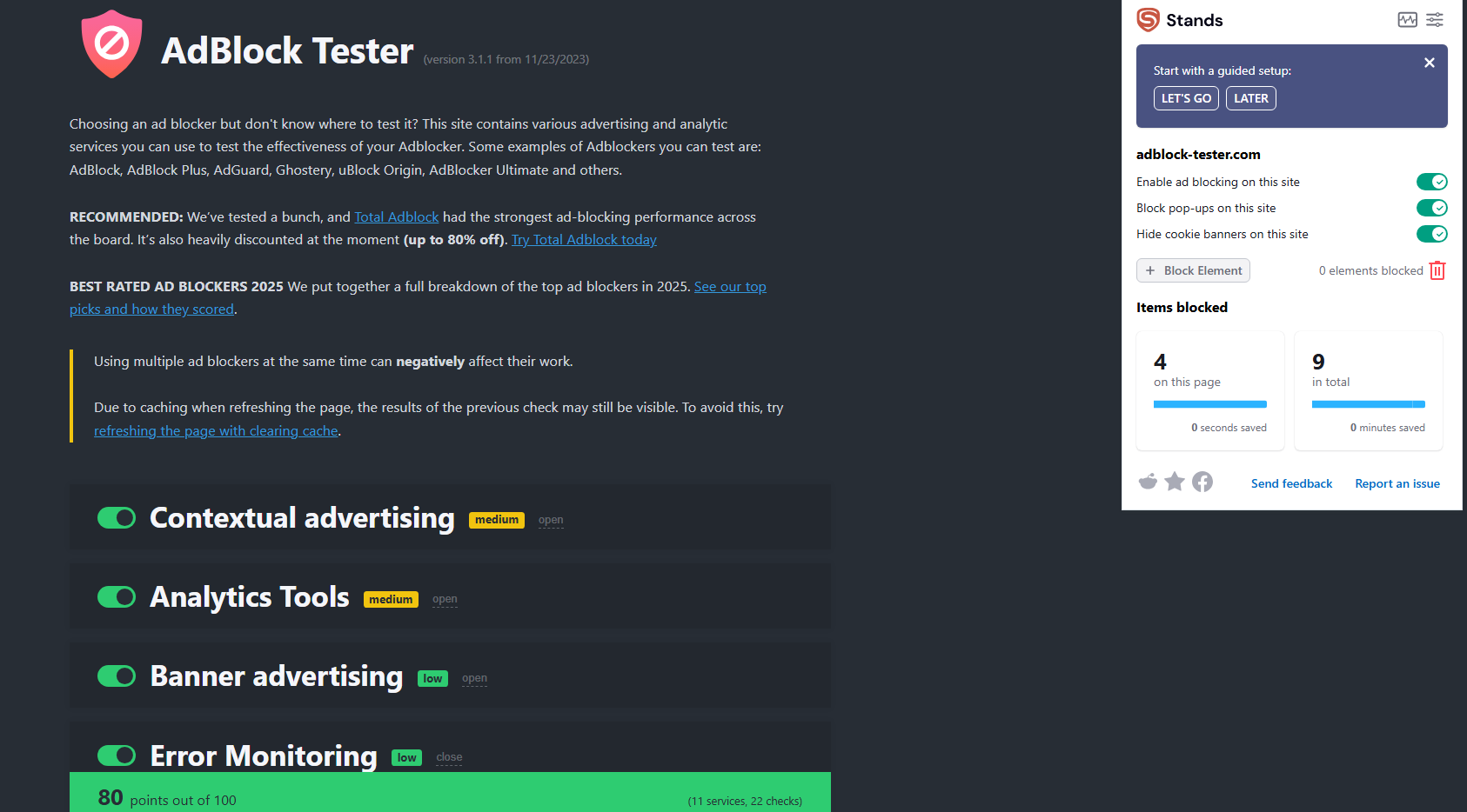 Stands AdBlock Tester results 