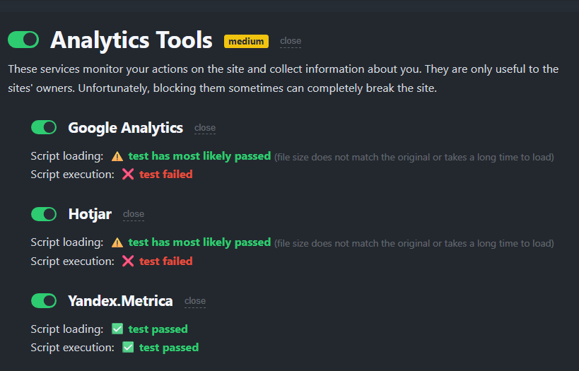Stands AdBlock Tester analytics results