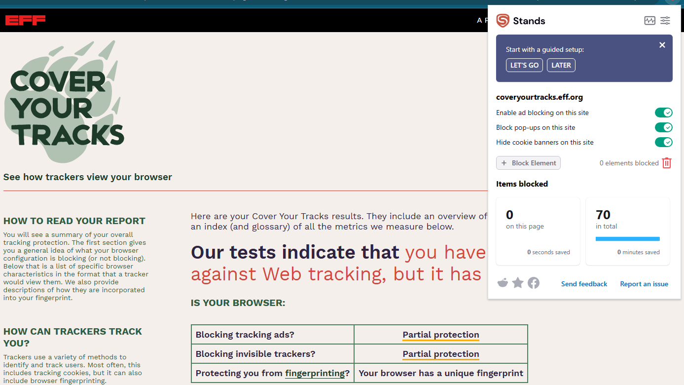 Stands Cover Your Tracks test results 