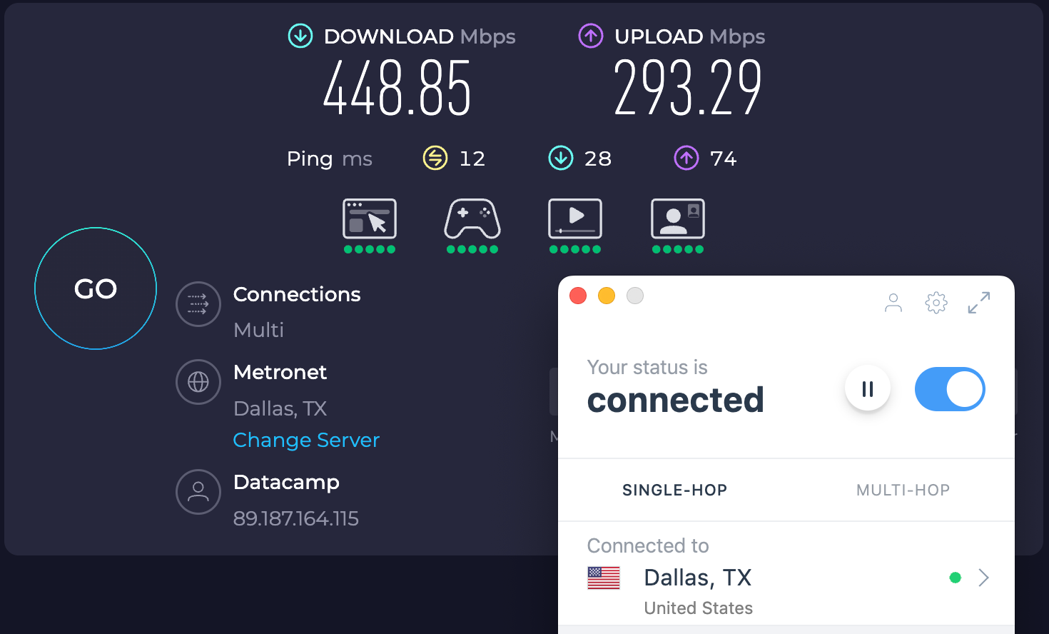 Speed test results for IVPN while connected to a server in Dallas (448.85 download, 293.29 upload, 12 latency).