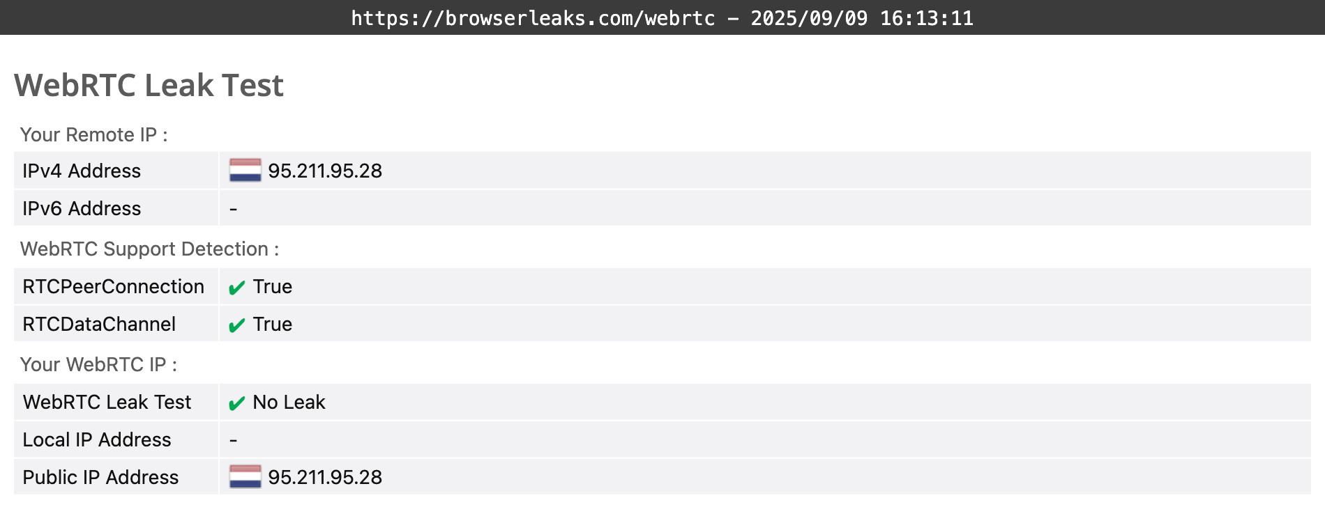 IVPN's WebRTC leak test results (passed)