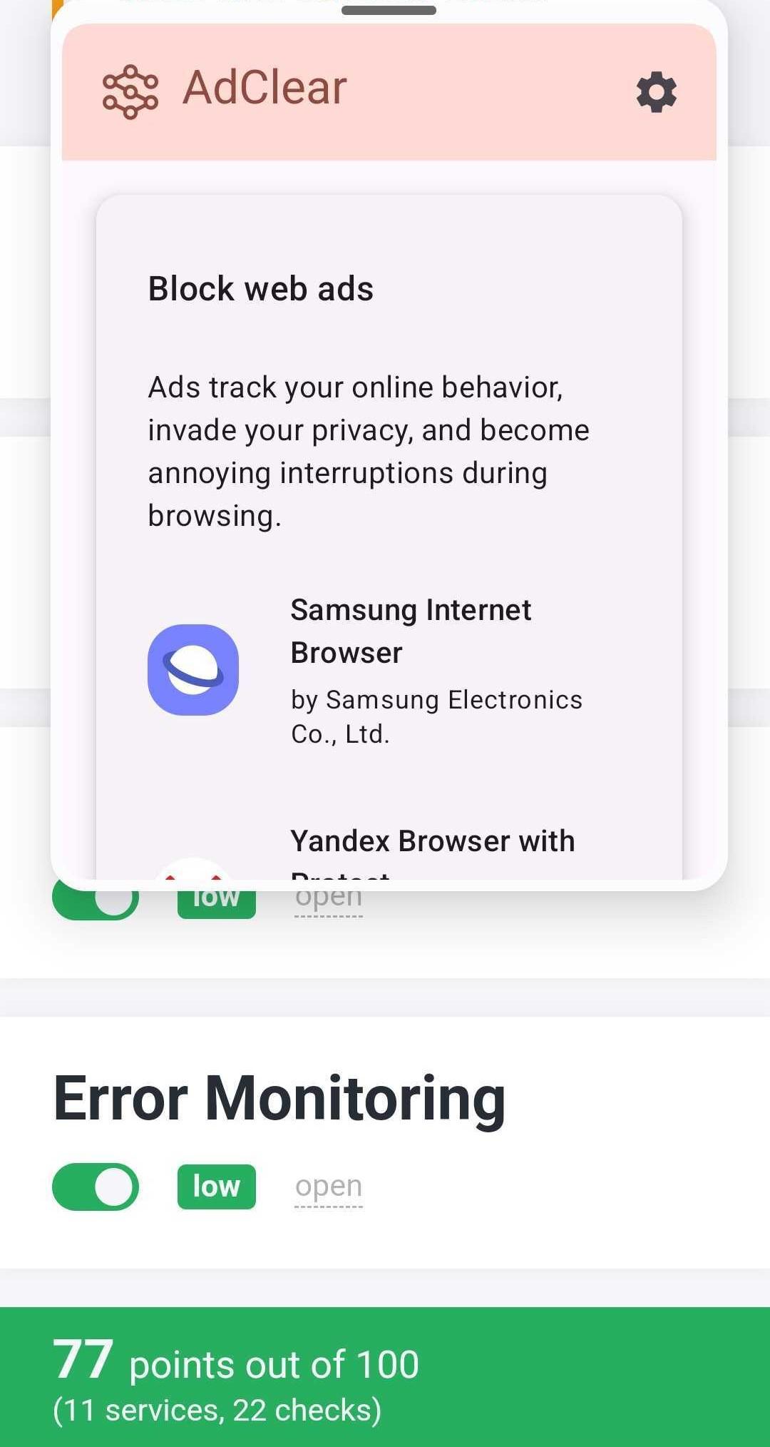 AdClear's Adblock Tester test results (77/100).