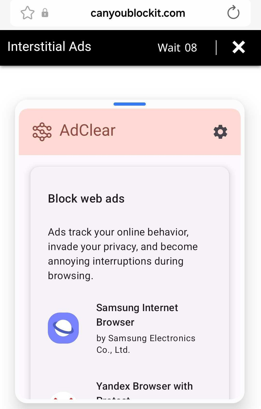 An interstial ad with an AdClear pop-up
