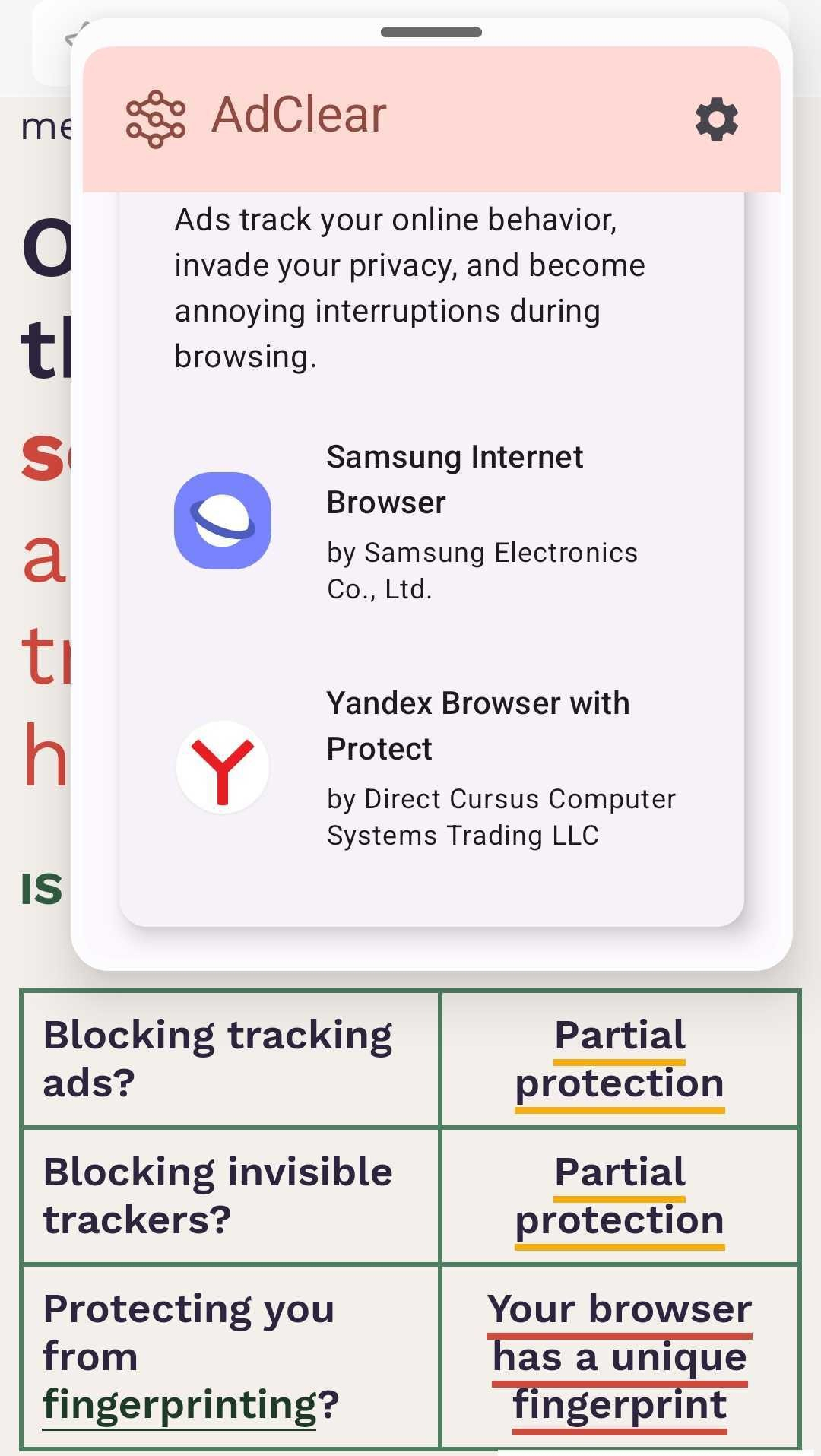AdClear's Cover Your Tracks test results (1/3).