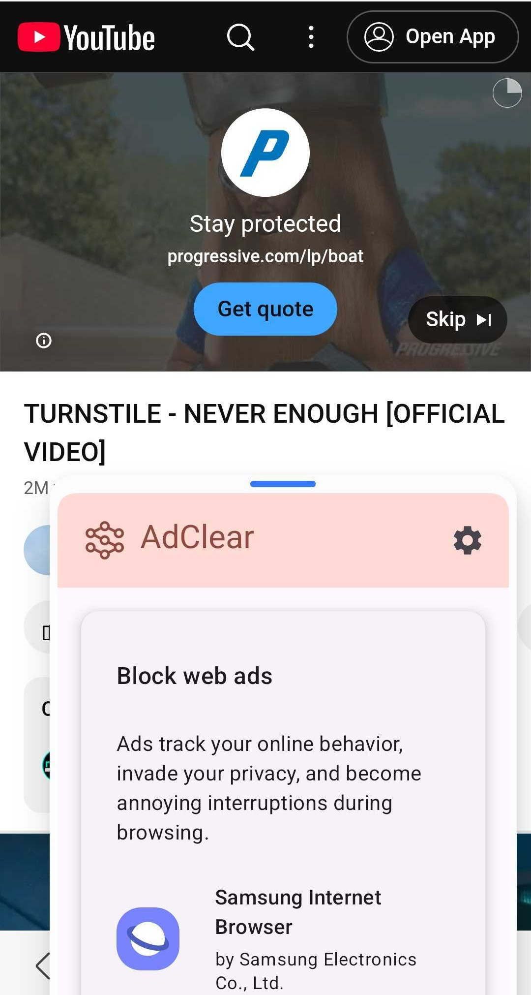 A YouTube pre-roll ad with the AdClear pop-up in the foreground