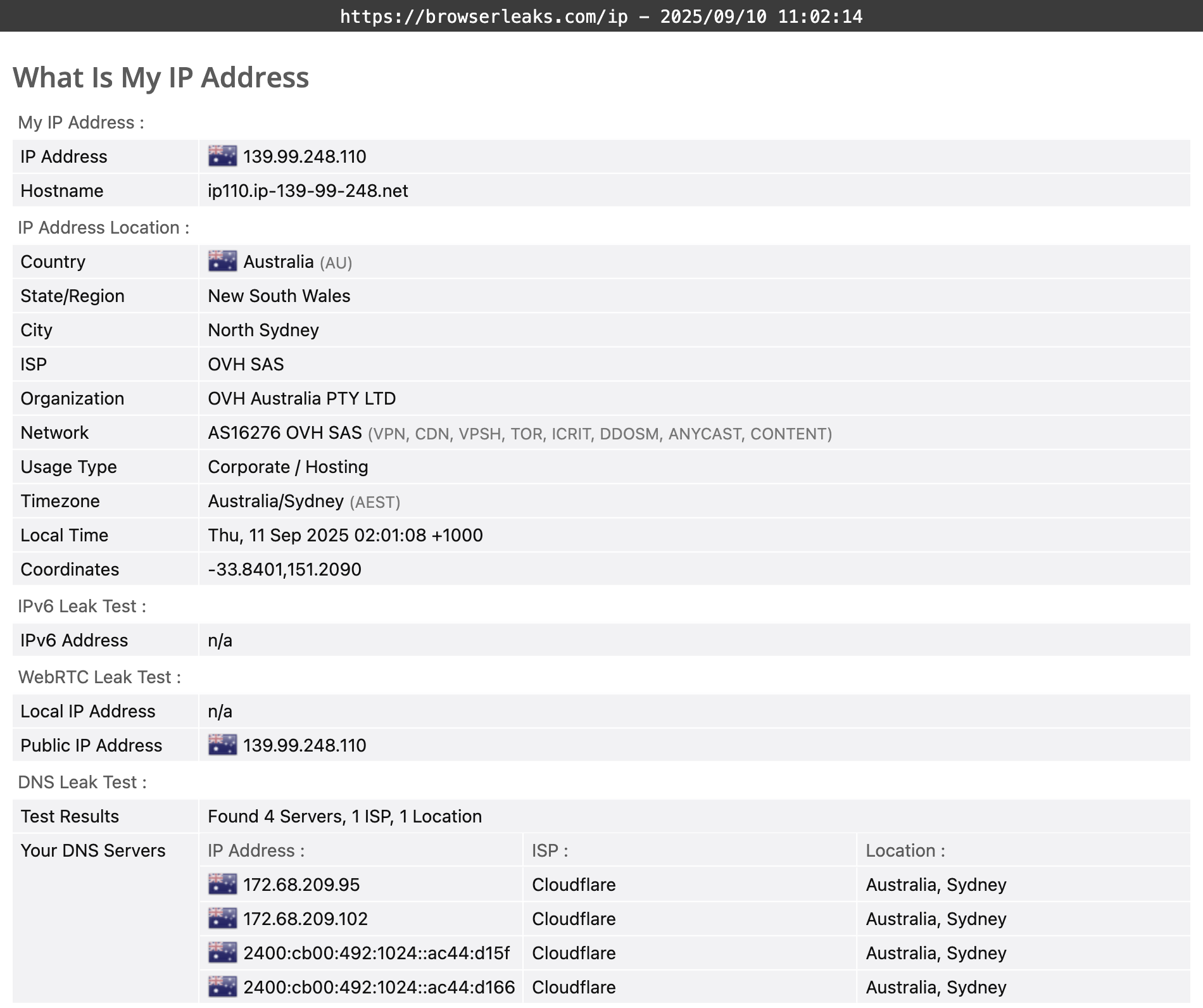 CactusVPN's DNS leak test results (passed).