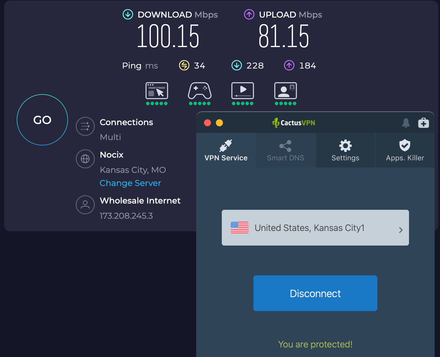 Speed test results for CactusVPN while connected to a server in Kansas City (100.15 download, 81.15 upload, 34 latency)
