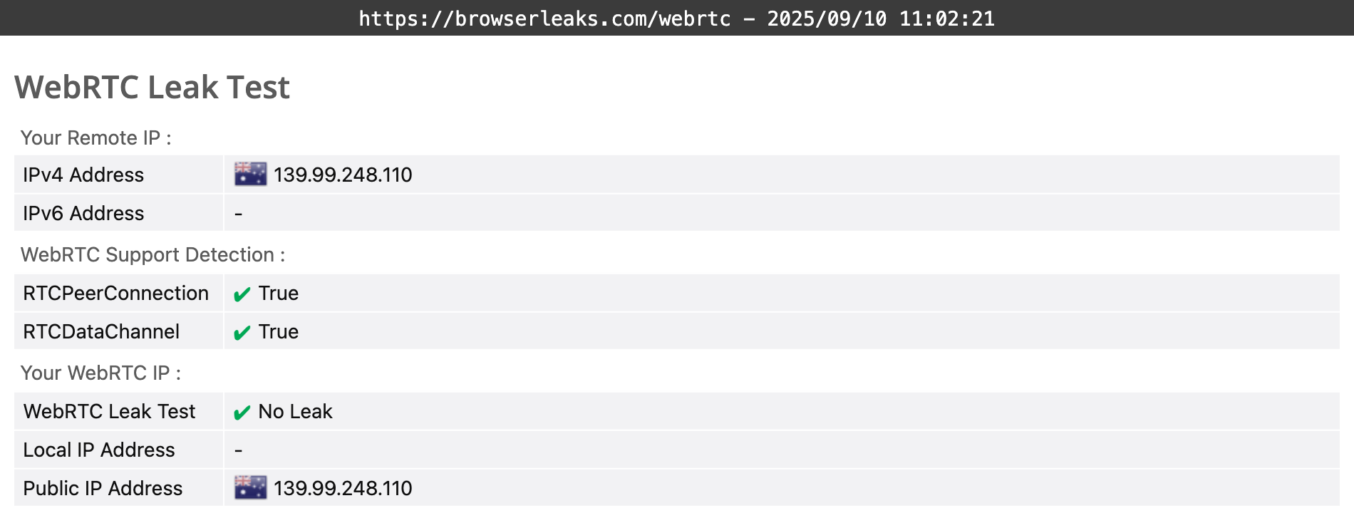 CactusVPN's WebRTC test results (passed).
