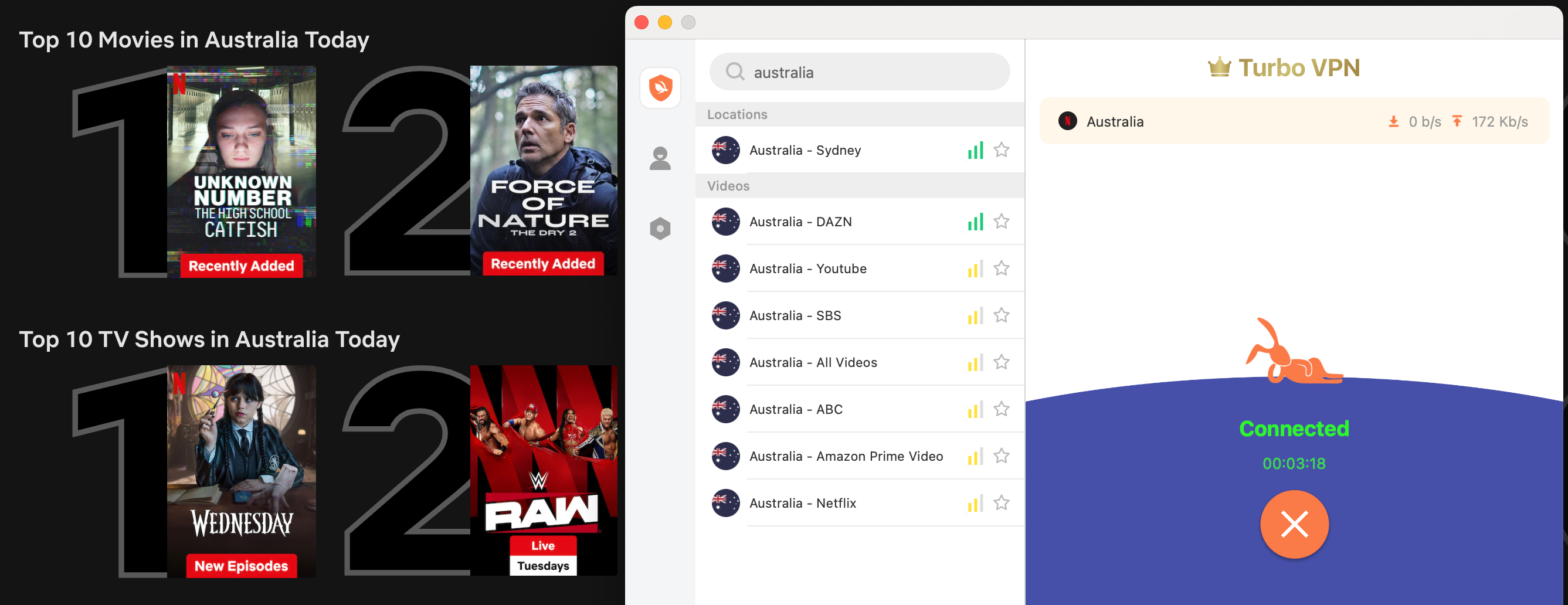 Netflix lists of top shows and movies in Australia with Turbo VPN in the foreground