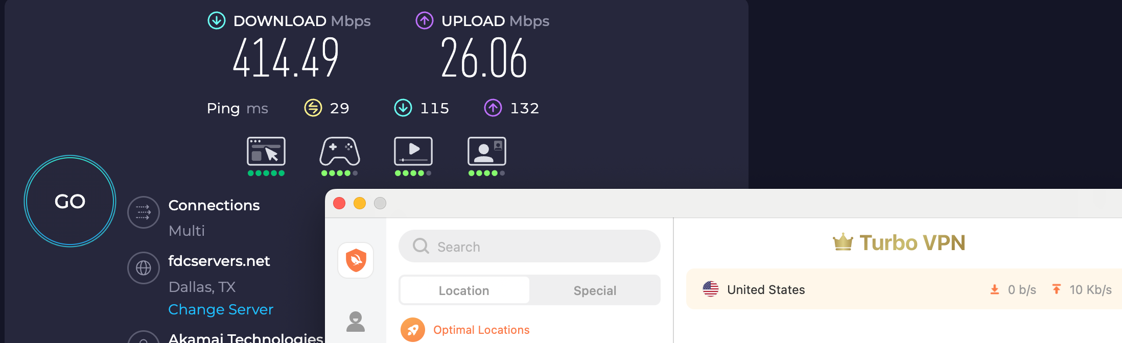 Speed test results for FrootVPN while connected to a Dallas server (414.49 download, 402.37 upload, 29 latency).