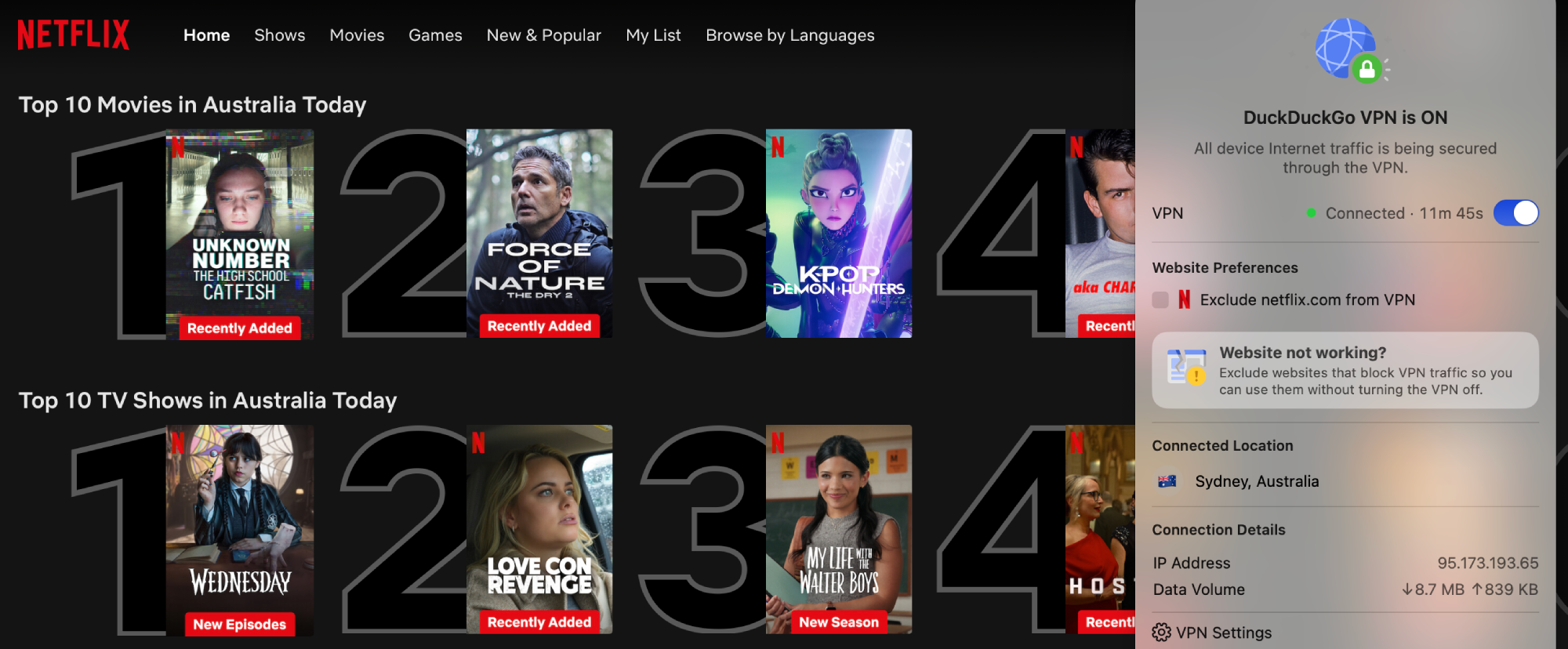 Netflix list of top shows and movies in Australia today with DuckDuckGo VPN in the foreground