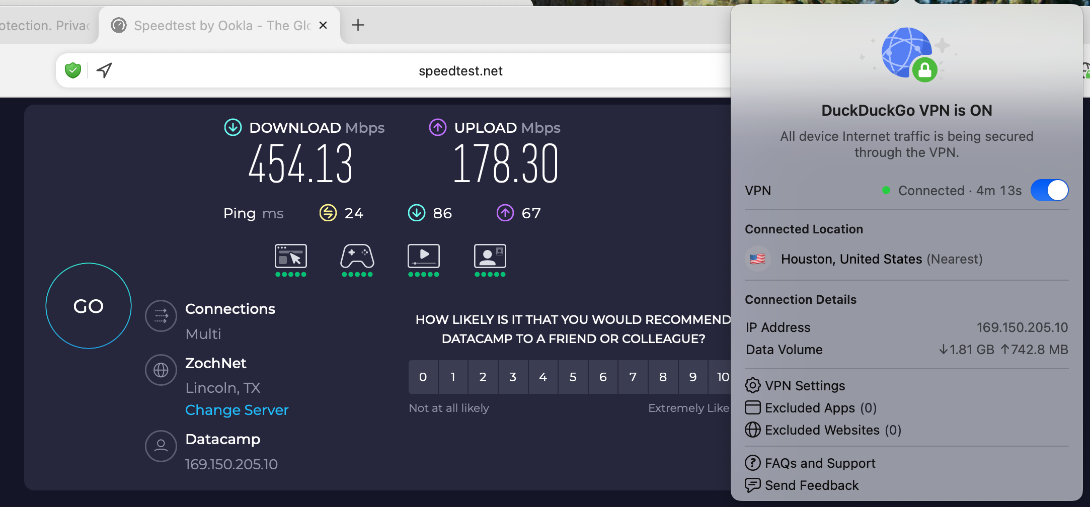 Speed test results for DuckDuckGo VPN while connected to a server in Houston (426.12  download, 454.13  upload, 24 latency)
