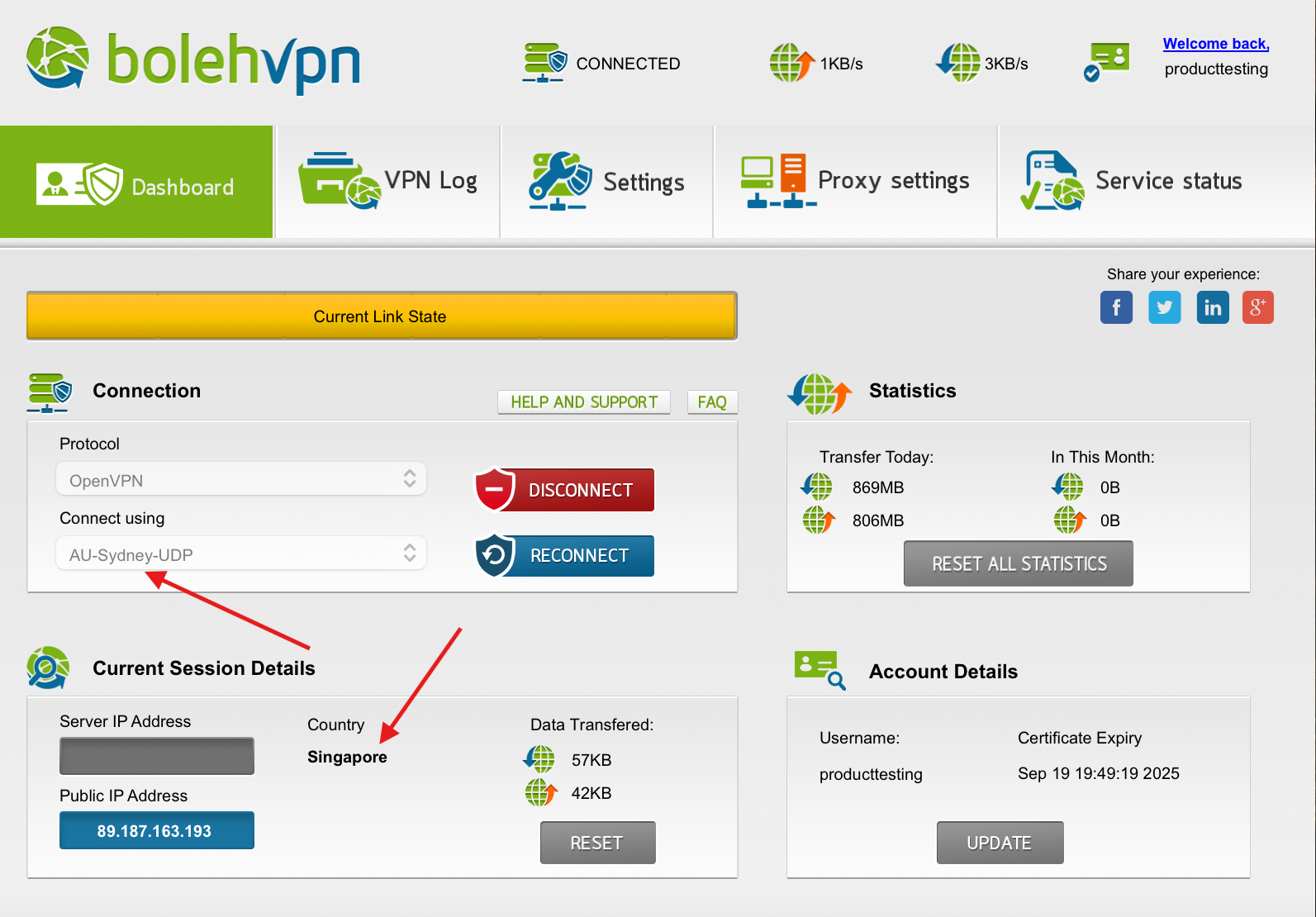 BolehVPN dashboard error, with Sydney server showing Singapore