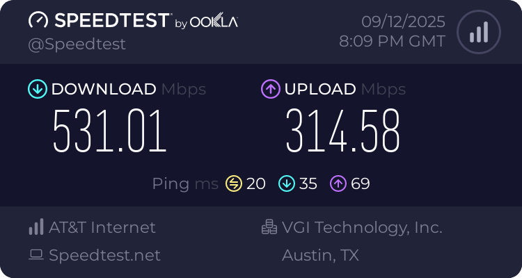 Baseline speed test before testing BolehVPN (531.01 download, 314.58 upload, 20 ping)