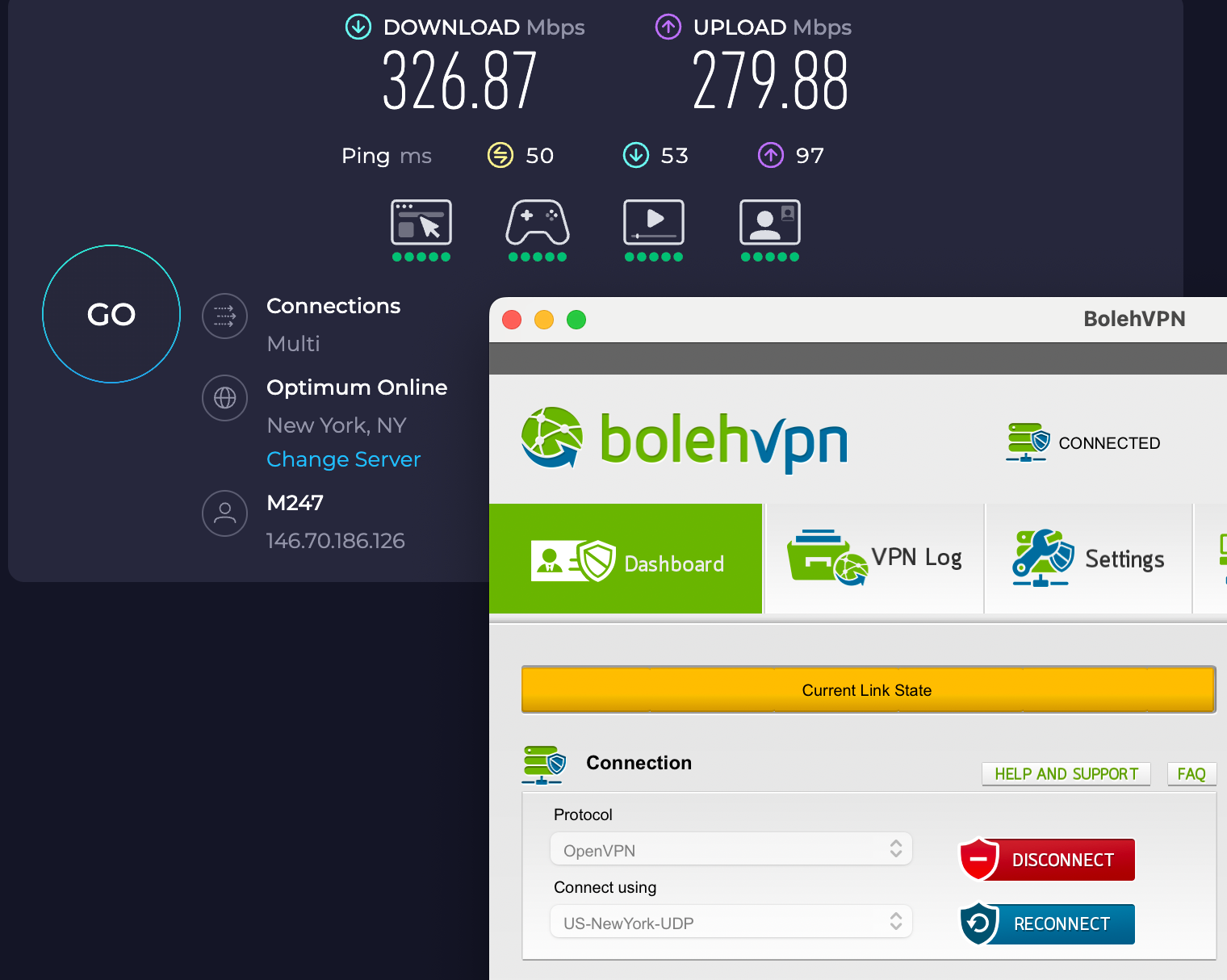 Speed test results for BolehVPN connected to a New York server (326.87 download, 279.88 upload, 50 latency).