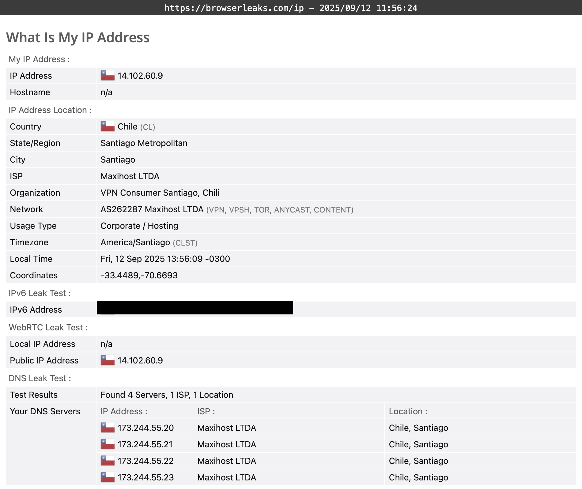 Opera VPN Pro's DNS leak test results (passed).