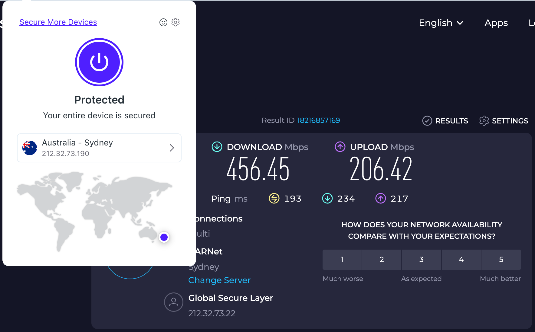 Speed test results for Opera VPN Pro while connected to a server in Sydney (456.45 download, 206.42 upload, 193 latency)
