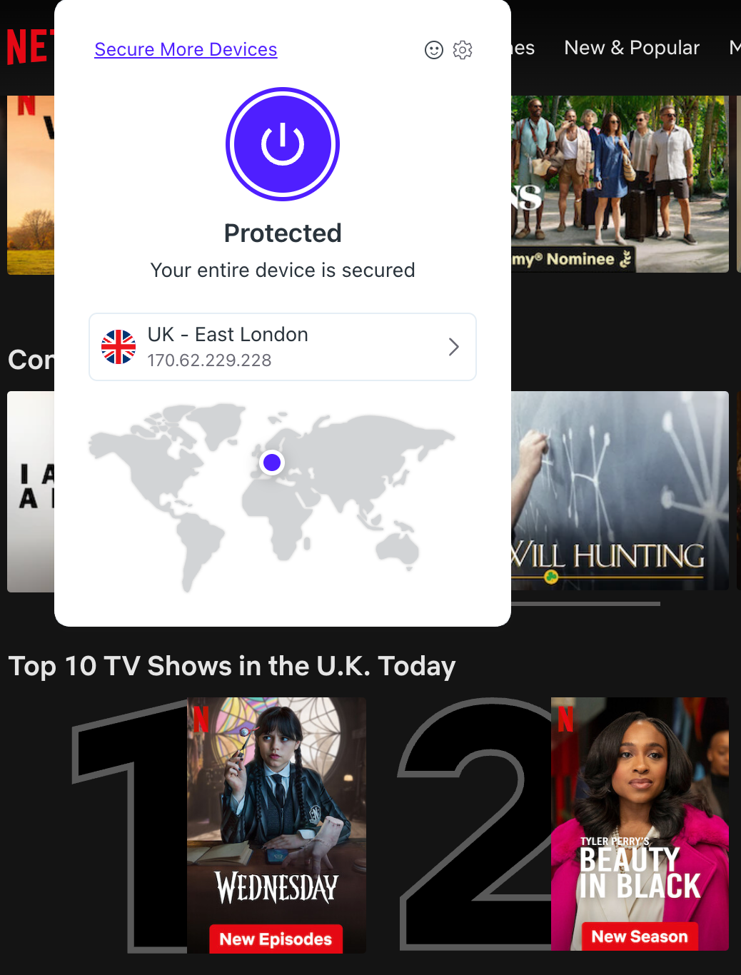 Netflix list of top shows in the U.K. today with Opera VPN Pro in the foreground