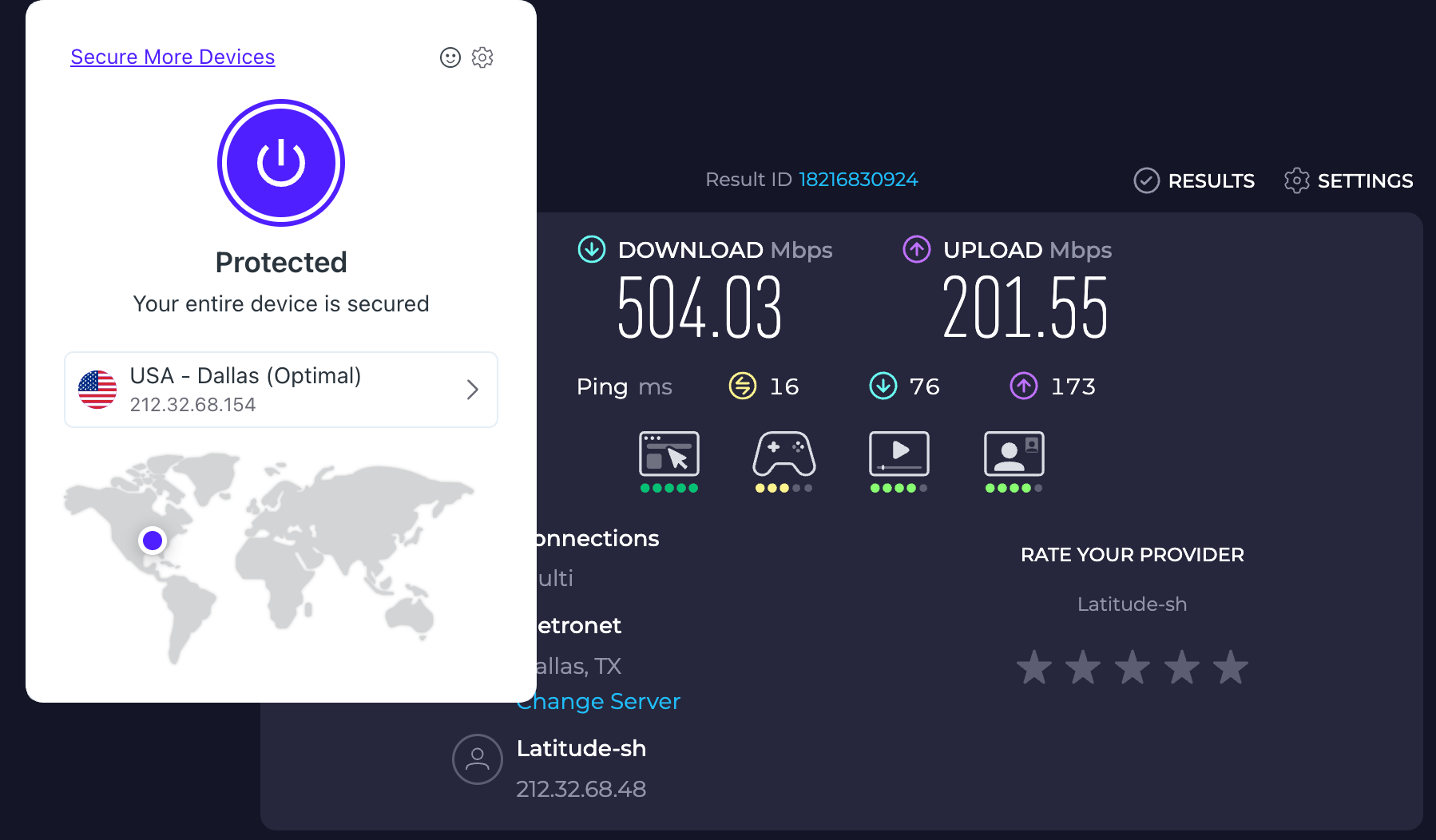 Speed test results for Opera VPN Pro while connected to a server in Dallas (504.03 download, 201.55 upload, 16 latency)
