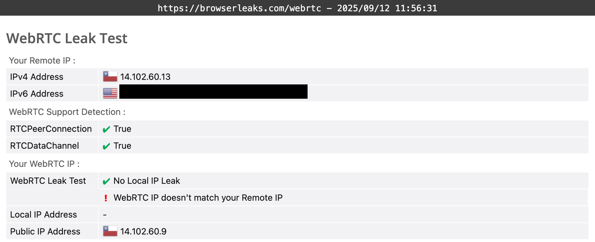 Opera VPN Pro's WebRTC leak test results (partially passed).