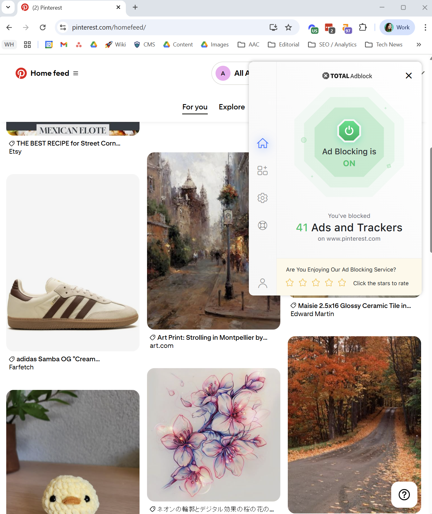 Pinterest with Total Adblock enabled has no more sponsored ads