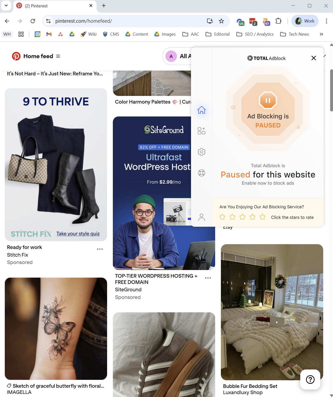 Pinterest without Total Adblock enabled has sponsored posts