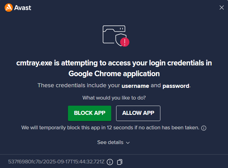 Pop-up from Avast antivirus flagging Clean Master for attempting to access our login credentials in Chrome
