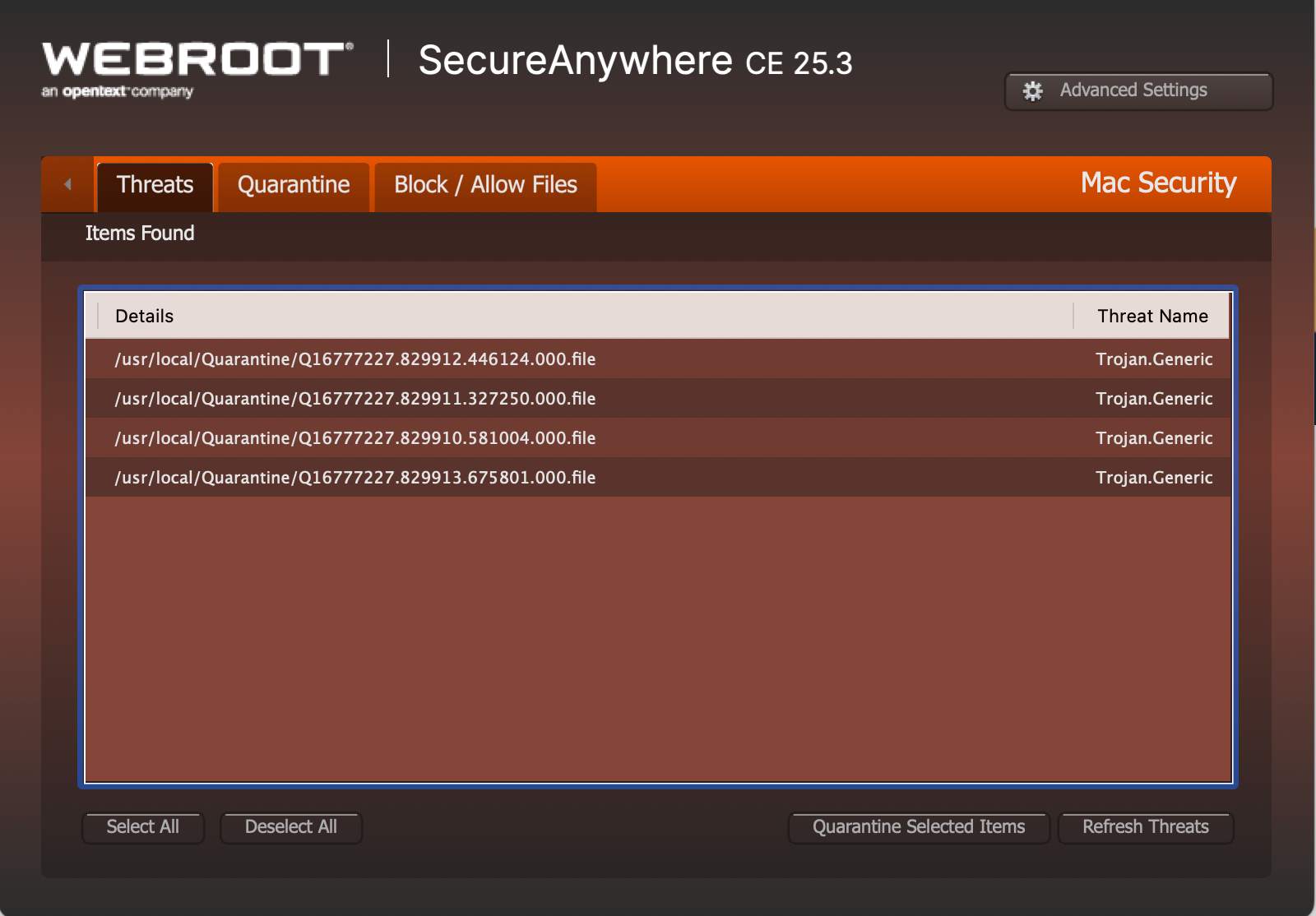 Webroot antivirus list of threats secured (four EICAR files)