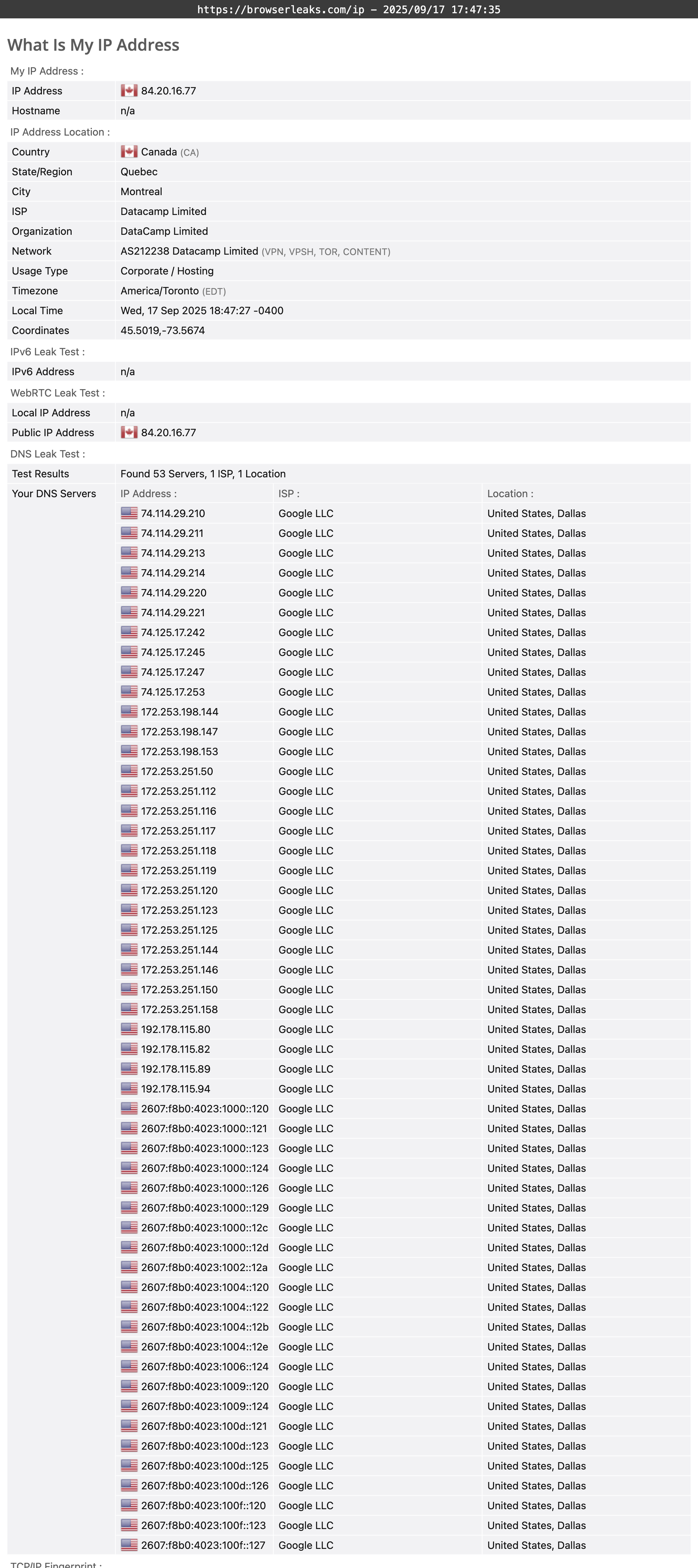 Betternet VPN's DNS leak test results (passed)