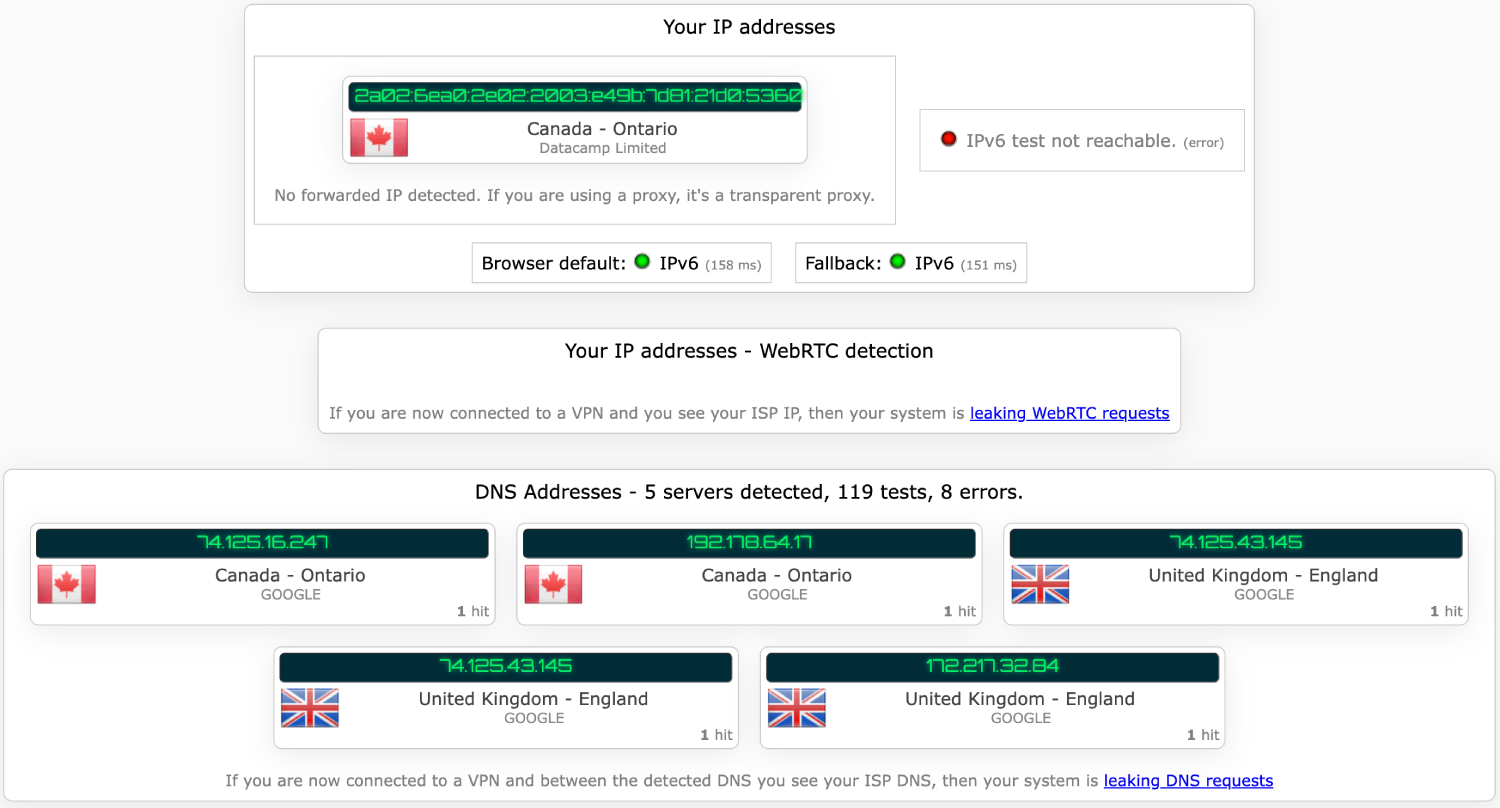 Betternet VPN's kill switch test results (passed).