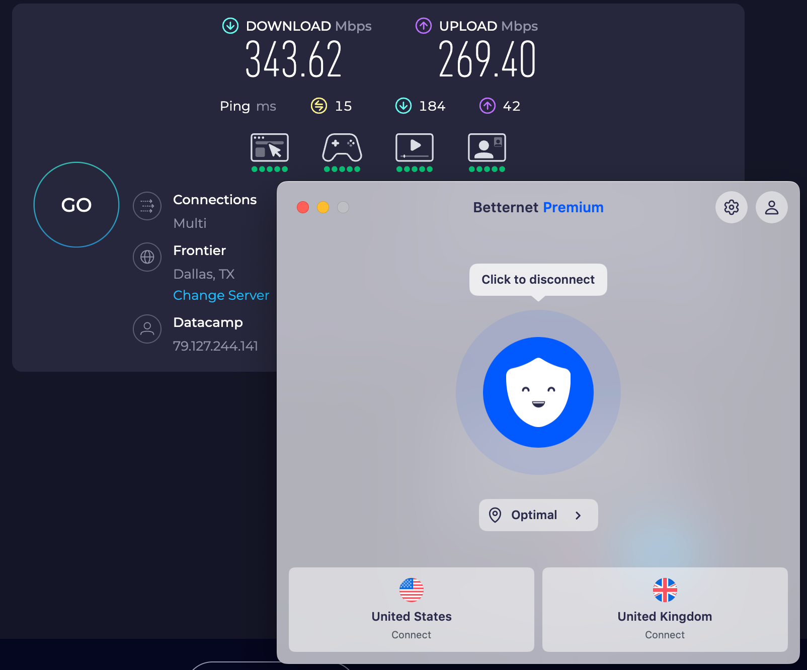 Speed test results for Betternet while connected to a server in Dallas (342.62 download, 269.40, and 14 ping).