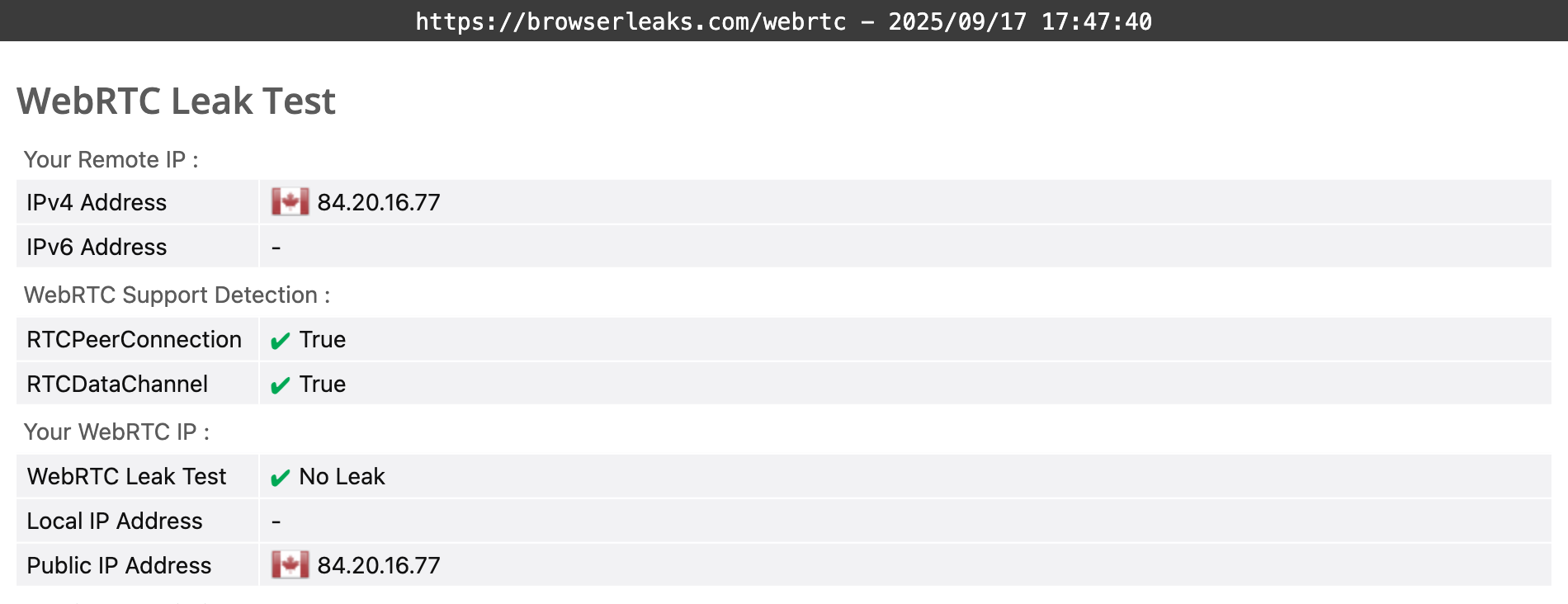 Betternet VPN's WebRTC leak test results (pass)