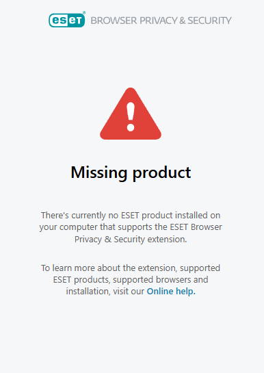 ESET Browser Privacy & Security extension indicating we have a missing product