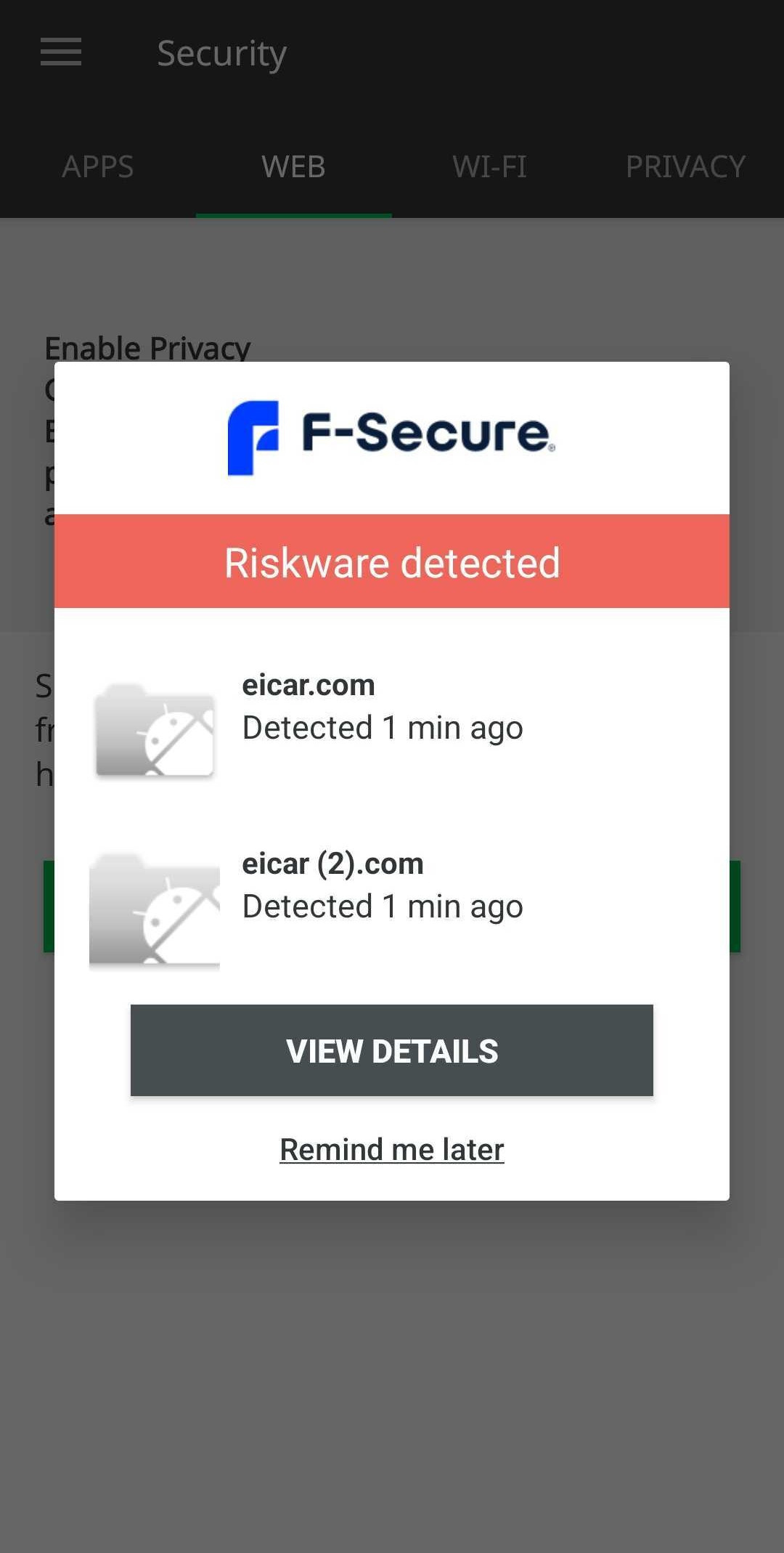 F-Secure Mobile Security pop-up indicating riskware was detected