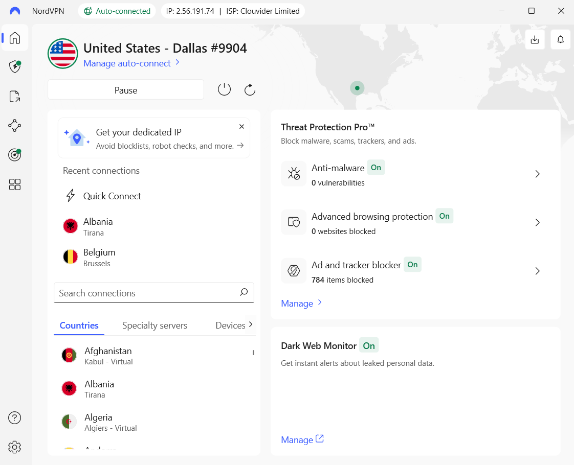 NordVPN home tab on dashboard, connected to United States - Dallas server