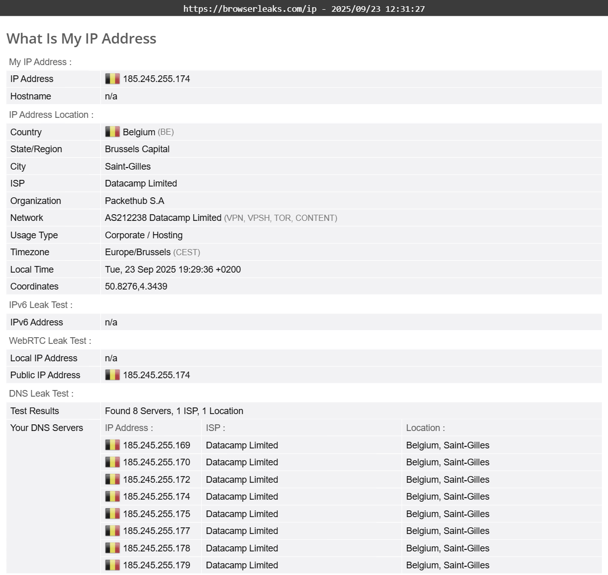 NordVPN's DNS leak test results (pass)