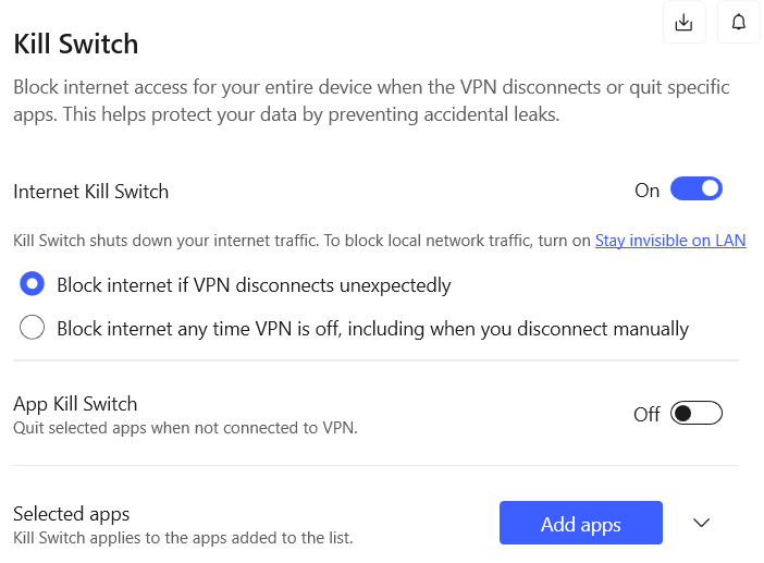 NordVPN kill switch settings.