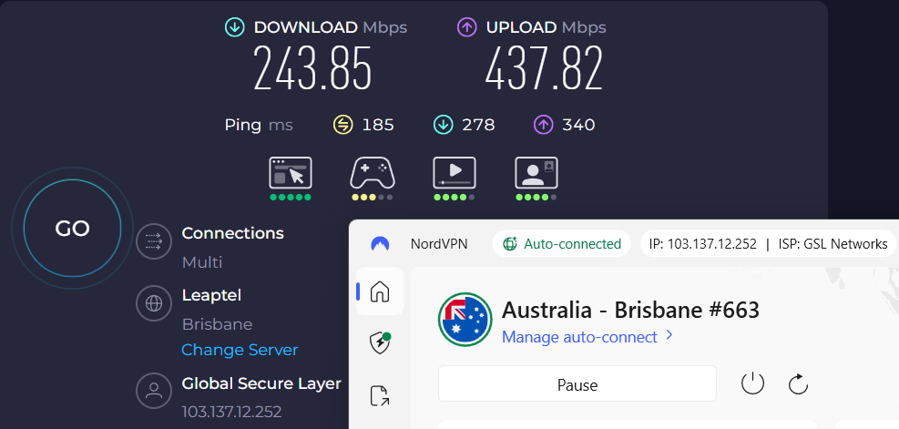 Speed test results for NordVPN while connected to a Brisbane server (243.85 download, 437.82 upload, 185 ping).