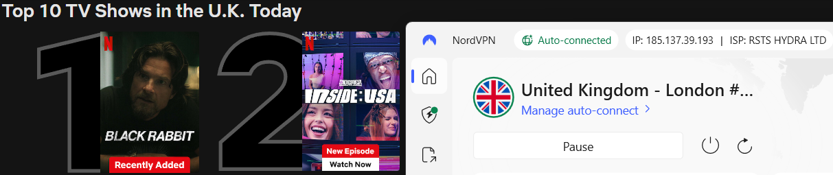 Netflix list of top shows in the U.K. today with NordVPN in the foreground